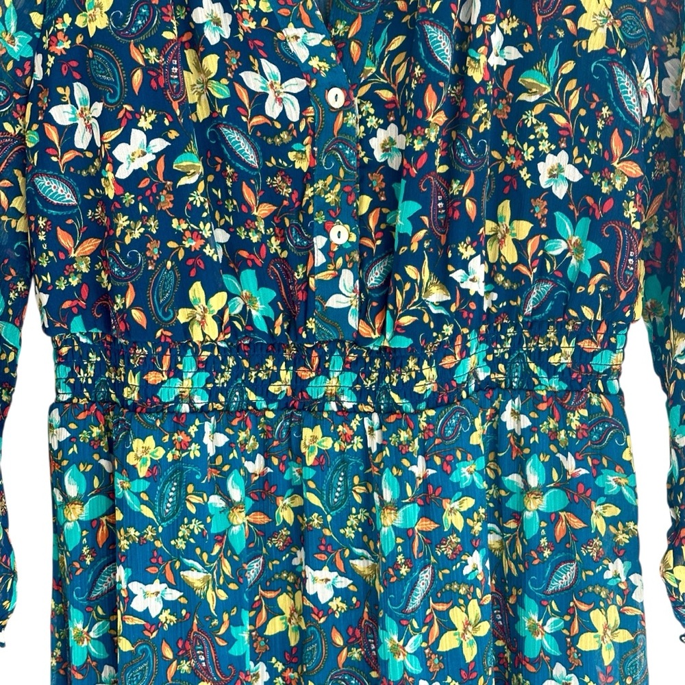 fig and flower Teal and Burgundy Floral Tiered Long Sleeve Midi Dress - Picture 5 of 6